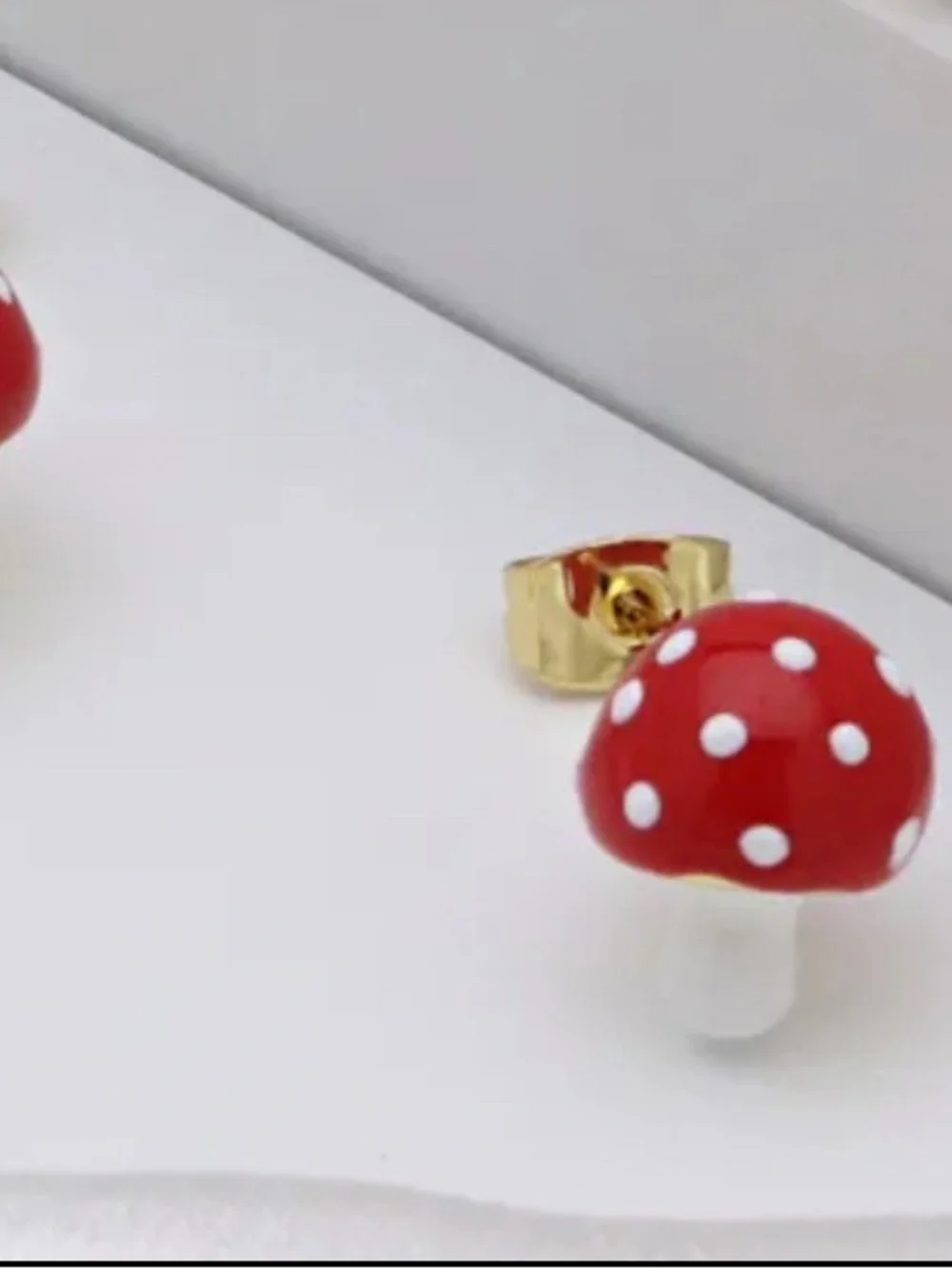 Kids Gold-Back Red Polka Dot Mushroom Stud Earrings